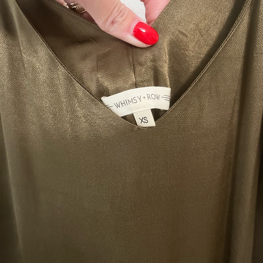 XS Whimsy + Row olive green slip midi dress, tie-back